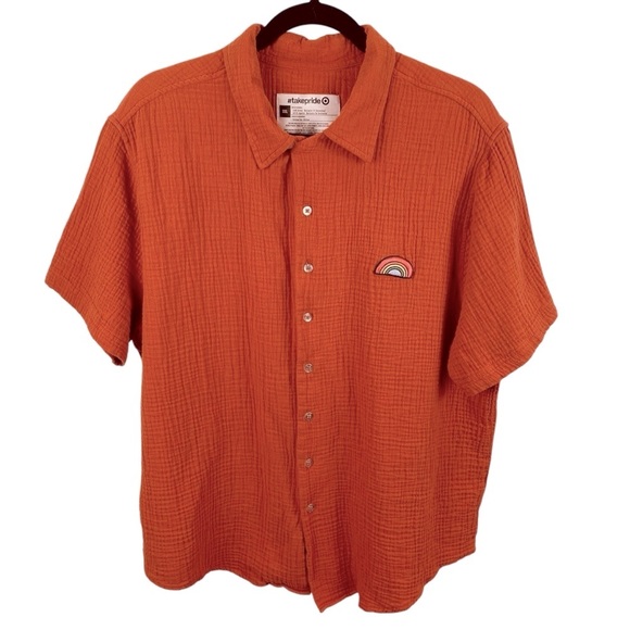 Pride Target Orange Cotton Rainbow Patch Button-Down Shirt Top Adult Unisex XXL - Picture 2 of 7